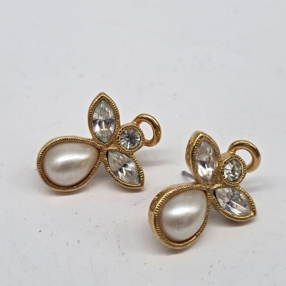 Avon Gold-Tone & Faux Pearl Earrings With Clear Crystal Accents 1" - Picture 1 of 3